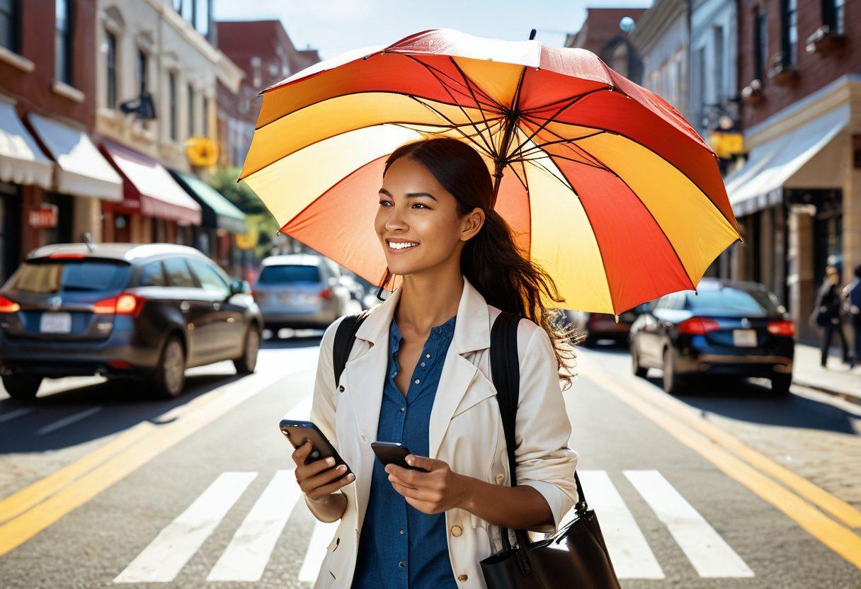 A young woman confidently navigating a visually appealing roadmap filled with symbols of protection like shields and umbrellas. She holds a smartphone displaying insurance options while a bright sun shines above, symbolizing her empowered decision-making. In the background, diverse urban landscapes illustrate various coverage choices. The color palette should be warm and inviting, exuding positivity and assurance. super-realistic. vibrant colors. clean background.