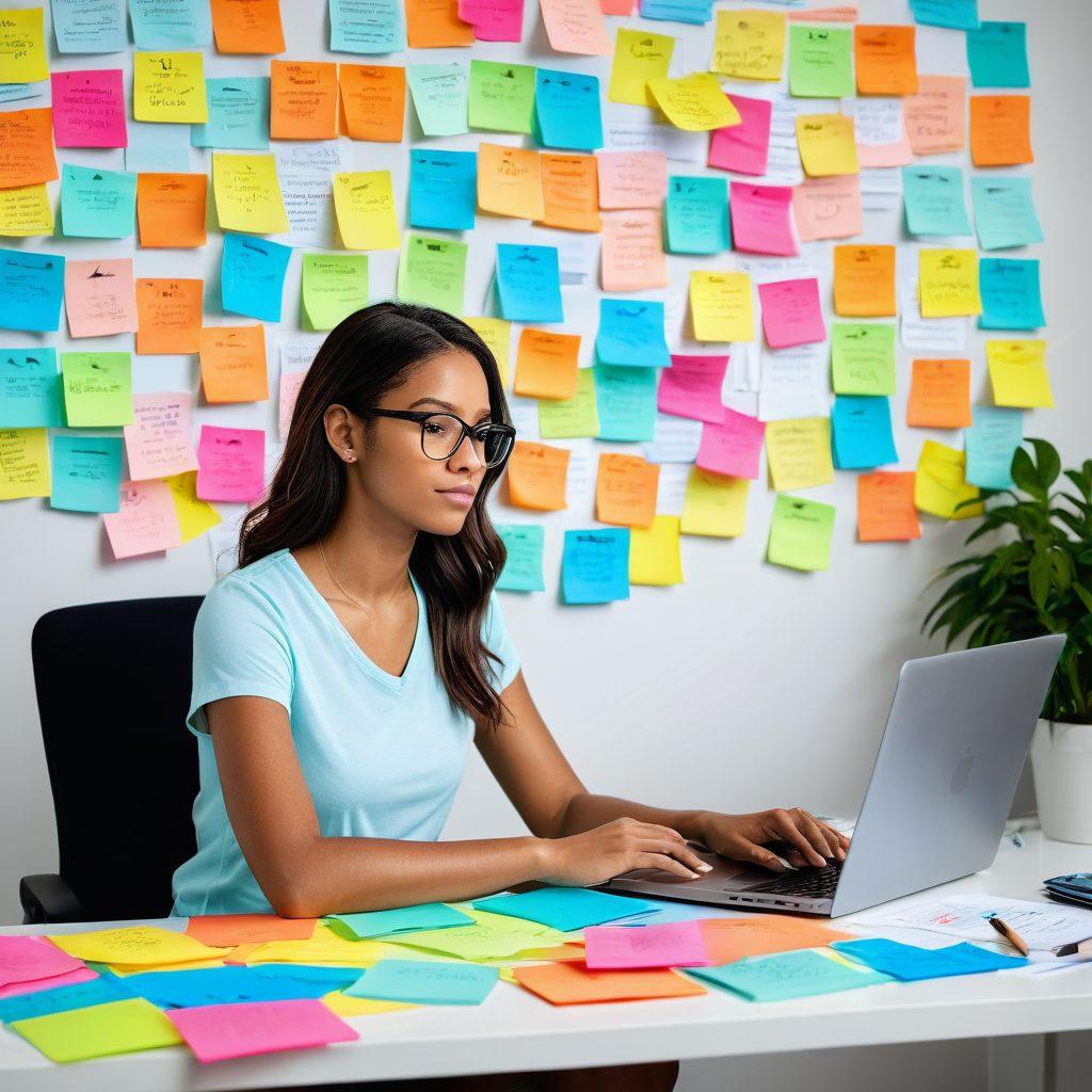 A confident young woman sitting at a stylish desk, reviewing financial documents and a laptop displaying insurance options. She is surrounded by colorful sticky notes with inspirational quotes about empowerment and financial independence. The scene should convey a sense of organization, clarity, and optimism for young ladies navigating financial decisions. Bright and cheerful colors, with a modern and inviting atmosphere. super-realistic. vibrant colors. white background.