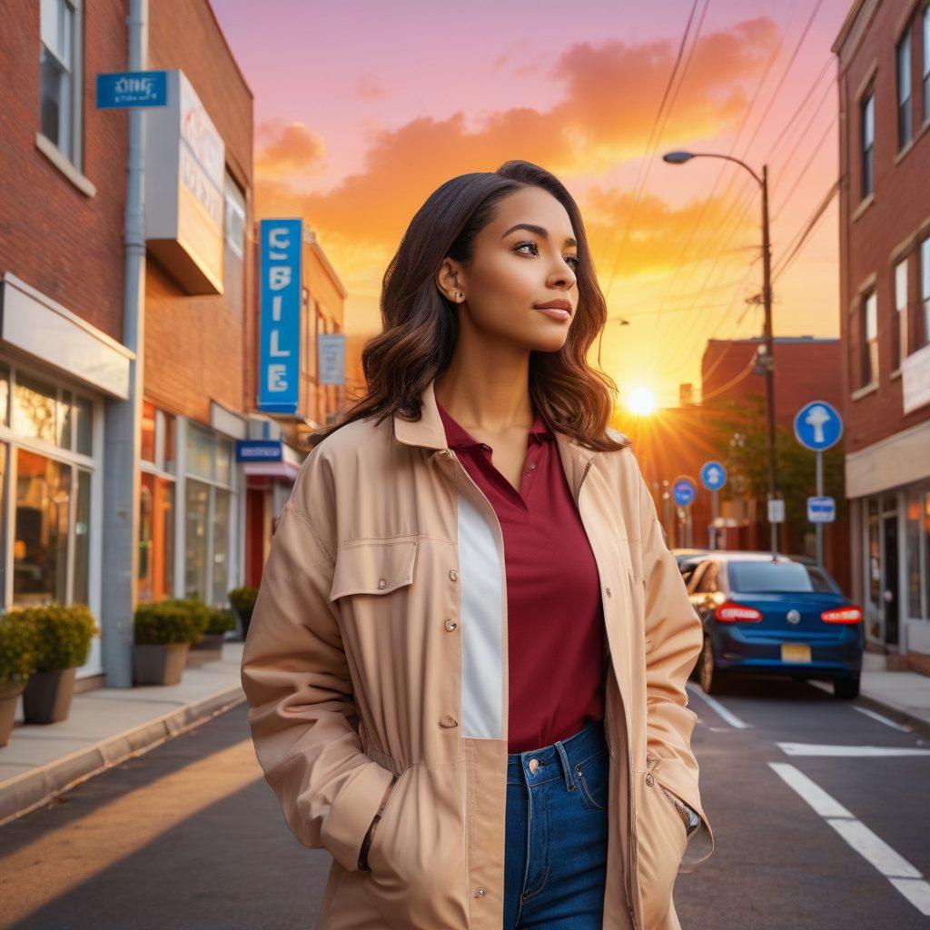 A young woman confidently exploring her future, surrounded by symbols of affordable insurance such as health, home, and auto protection icons. She stands in an inspiring urban setting, with a bright sunrise and open pathways symbolizing opportunity ahead. Her thoughtful expression conveys empowerment and knowledge. The color palette features warm and uplifting tones, emphasizing optimism and hope. vibrant colors. super-realistic.